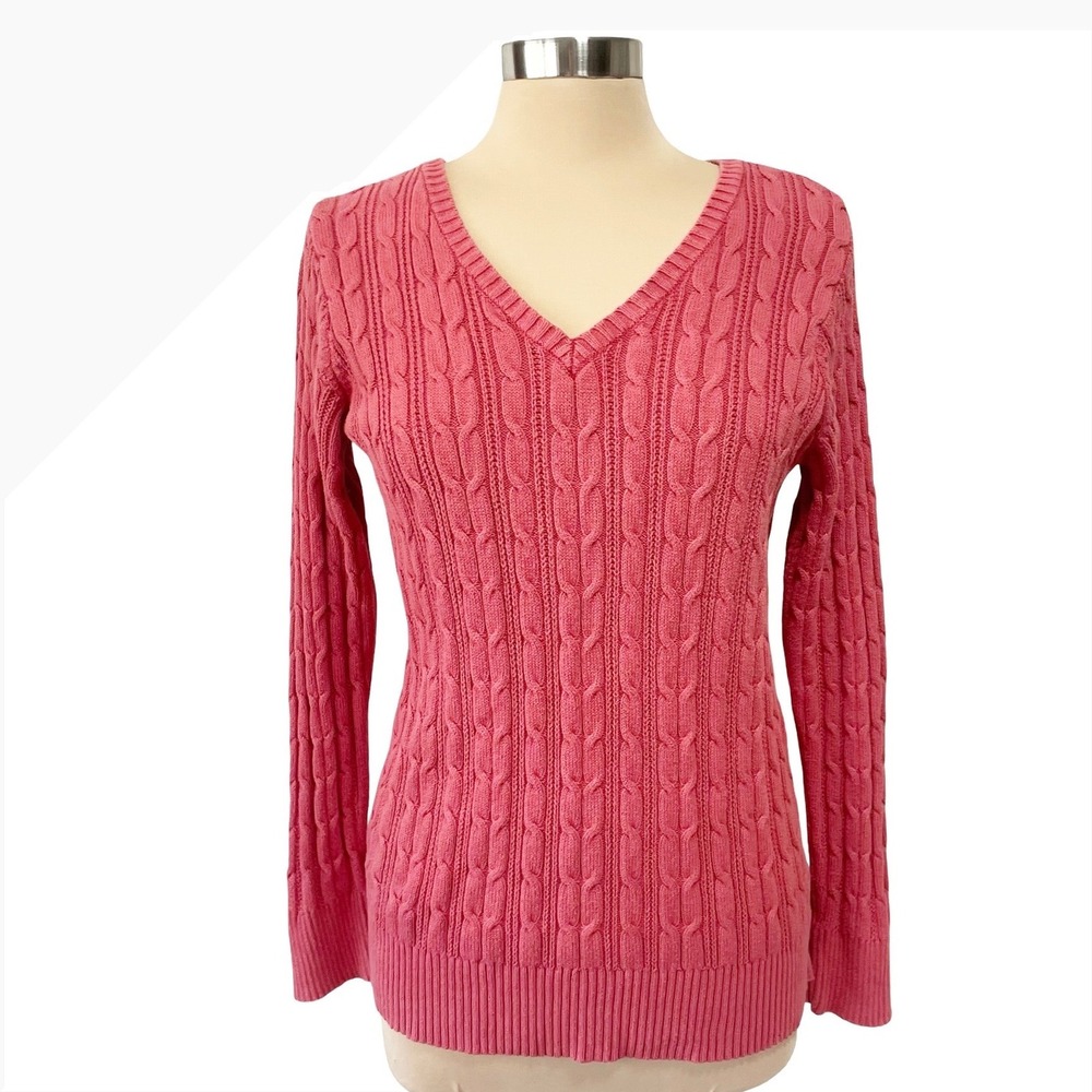 Jeanne Pierre Coral Pink Cable Knit V-Neck Sweater Sz M Preppy Classic Coastal